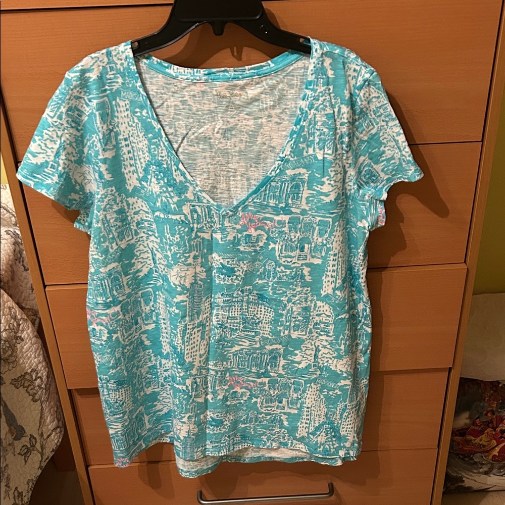 Lilly Pulitzer Aqua Patterned V-Neck Tee